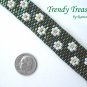 Green Iris Metallic with White Flowers Glass Woven Bracelet,Original Design,#TrendyTreasuresByRamona