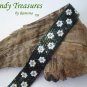 Green Iris Metallic with White Flowers Glass Woven Bracelet,Original Design,#TrendyTreasuresByRamona