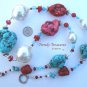 Reduced! Chunky Necklace,Turquoise & Red Color,Giant Pearls & Crystals, Ramona Beasley