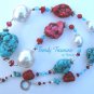 Reduced! Chunky Necklace,Turquoise & Red Color,Giant Pearls & Crystals, Ramona Beasley