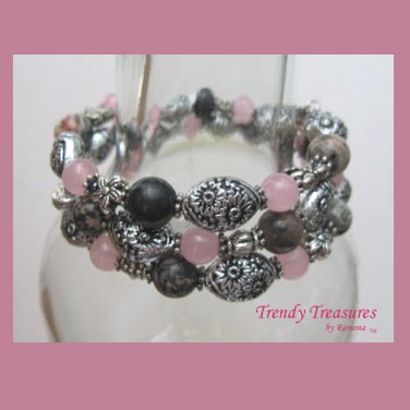 Pink,Black & Silver Coil Bracelet, Memory Wire, Three Loops, #TrendyTreasuresByRamona
