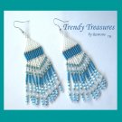 Turquoise,White,Silver Beaded Dangle Earrings,Hand Woven, #TrendyTreasuresByRamona