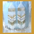 Gold & White Beaded Dangle Earrings, Native American Style,#TrendyTreasuresByRamona