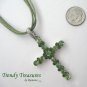 Green Swarovski Rhinestones Cross Pendant Necklace, Green Cords