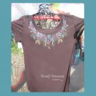 Sparkling Elegant Neckline,Lace,Bling Rhinestone Embellished T-shirt, New,Brown