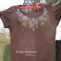 Sparkling Elegant Neckline,Lace,Bling Rhinestone Embellished T-shirt, New,Brown