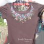 Sparkling Elegant Neckline,Lace,Bling Rhinestone Embellished T-shirt, New,Brown