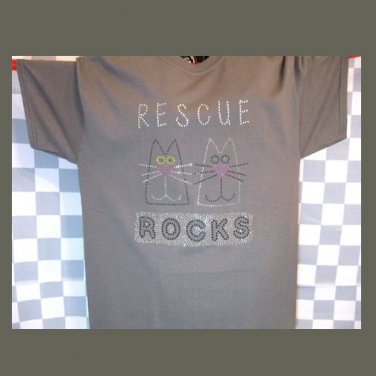 "Rescue Rocks", Kitty Faces, Original Design Bling Rhinestone Embellished T-shirt, New