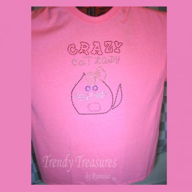 "Crazy Cat Lady", Cat Face, Original Design Bling Rhinestone Embellished T-shirt, New