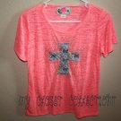Pink Burn-Out T-shirt, Blinged-out Blue Lace Cross w Butterflies, Exclusive Design