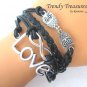 Black & Silver Infinity Bracelet,Love Charm,Owls Charms,#TrendyTreasuresByRamona