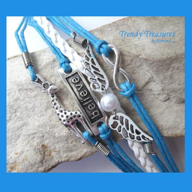 Blue Infinity Bracelet, Believe, Giraffe, Wings, Glass Pearl, #TrendyTreasuresByRamona