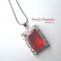 Bright Red Faceted Crystal Pendant,Prom,Sterling Silver Chain, Rhinestones