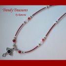 Vintage Cross Pendant Necklace,Red Rhinestones,Clear Crystals, Artisan Design