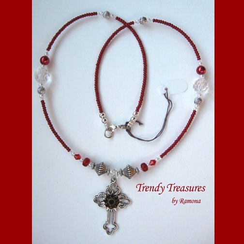 Vintage Cross Pendant Necklace,Red Rhinestones,Clear Crystals, Artisan