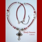 Vintage Cross Pendant Necklace,Red Rhinestones,Clear Crystals, Artisan Design