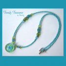 Green Flower Glass Pendant on Beaded Necklace, Crystals, #TrendyTreasuresByRamona