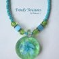 Green Flower Glass Pendant on Beaded Necklace, Crystals, #TrendyTreasuresByRamona