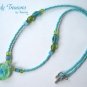 Green Flower Glass Pendant on Beaded Necklace, Crystals, #TrendyTreasuresByRamona