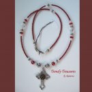 Vintage Cross Pendant Necklace,Red Rhinestones,Clear & Red Crystals, Artisan Design