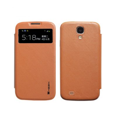 Genuine Leather Flip Case for Samsung S4 I9500 Smart Wake View Shell Cover Brown Color