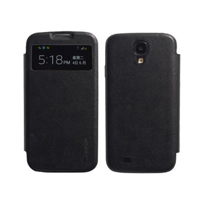 Genuine Leather Flip Case for Samsung S4 I9500 Smart Wake View Shell Cover Black Color