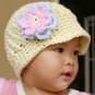 6-12 month Visor Beanie hat with flower - Vanilla, baby blue, baby pink, yellow