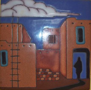 Handglazed ceramic tile trivet "the village"