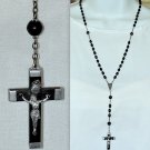 Antique Catholic Rosary Crucifix, Ebony Aluminum Wrapped Cross - Beads, Silver Chain - c1900