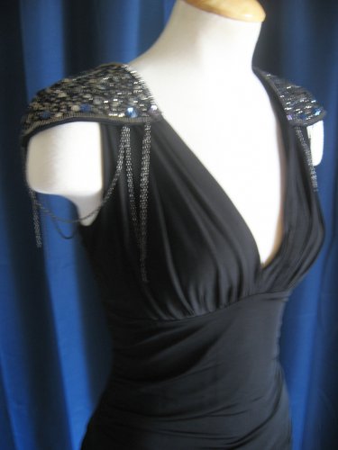 black dress with shoulder pads SSYS The Vivian Lightweight Air Faux Leather Trim Shoulder Pad Dress I
