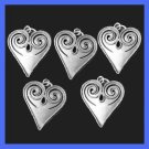 Lot of 5 Vintage 2" inches long Beaded Scroll Pewter Heart Pendants