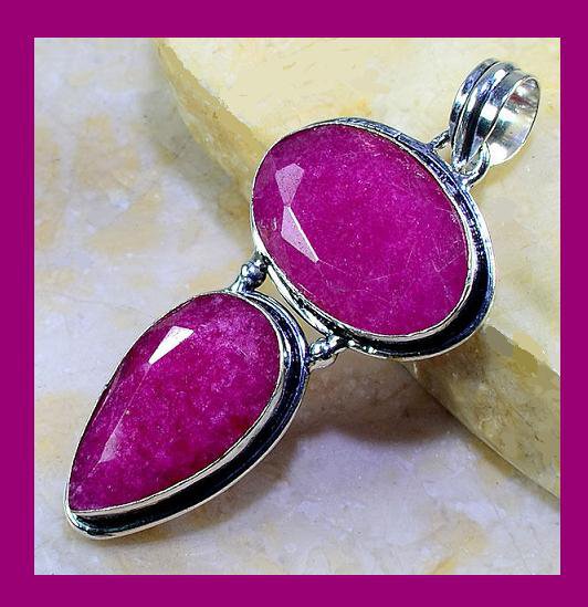 92ctw Natural Red RUBY Gemstone Oval & Pear Shaped Antiqued Silver Pendant