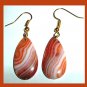 22ctw Orange Brown White AGATE Teardrop Gemstone 10k Yellow Gold Hook Earrings