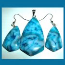 132ctw Blue CRAZY LACE AGATE Triangle Gemstone Sterling Silver Pendant & Hook Earrings Jewelry Set
