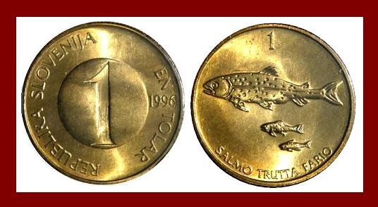 SLOVENIA 1996 1 TOLAR BRASS COIN KM#4 Europe - Danube Salmon Fish - XF - LOW MINTAGE! ~ BEAUTIFUL!