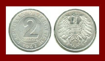 AUSTRIA 1962 2 GROSCHEN COIN KM#2876 - VF - BEAUTIFUL!