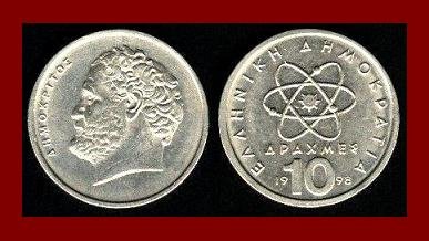 GREECE 1998 10 DRACHMES COIN KM 132 Greek Democritus Atom BEAUTIFUL