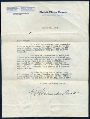 1951 NJ Senator Smith Signed Letter+, Truman, MacArthur