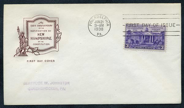 1938 3¢ Constitution Ratification Stamp, HF FDC US 835