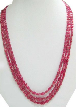 3Strand Handcrafted Cabochon Red Ruby Beaded Necklace