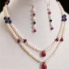 Pearl,Ruby & Sapphire Beads Necklace With Silver Beas