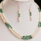 2strand Pearl & Colombian emerald with silver beads