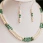 2strand Pearl & Colombian emerald with silver beads