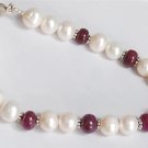 Designer pearl & Ruby Gemstone & silver Bead Bracelet