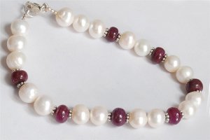 Designer pearl & Ruby Gemstone & silver Bead Bracelet