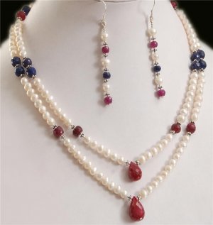 designer Pearl Ruby Sapphire Beaded Necklace & Silver !