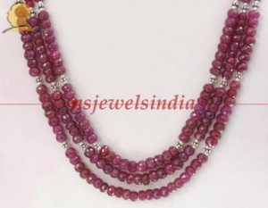 3 strand natural ruby gemstone & silver necklace