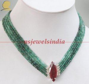 5 strand natural emerald gemstone beads necklace