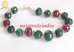 Green emerald & ruby gemstone with silver bracelet
