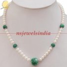 single strand pearl & emerald gemstone beads necklace